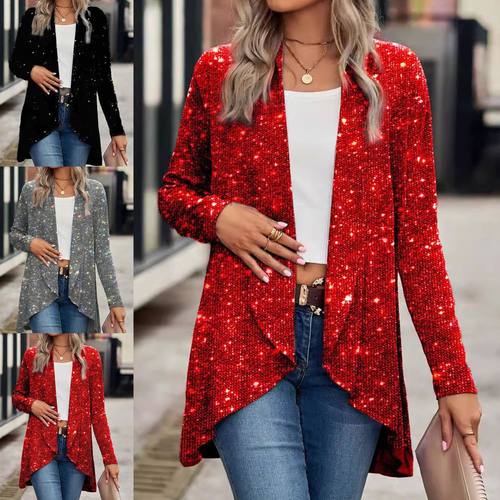 欧美跨境新款 亚马逊女装亮片长袖秋冬款气质小西装外套