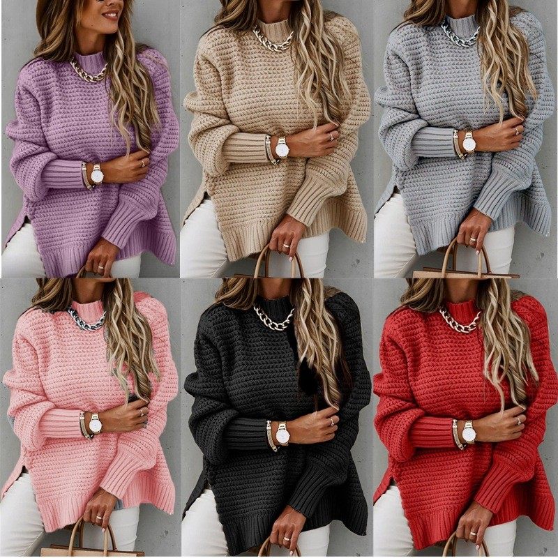 秋冬新款跨境亚马逊半高领宽松纯色长袖粗针侧开叉针织毛衣女,个性定制/设计服务/DIY,连衣裙加工定制,淘宝优惠券,粉丝福利购,淘宝优惠卷