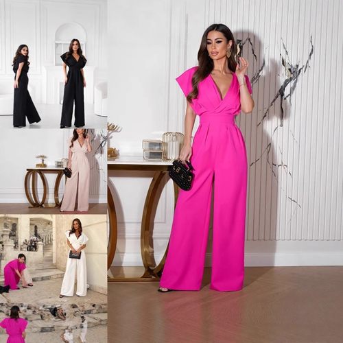 欧美外贸时尚夏季新款修身连体裤高腰显瘦连身直筒阔腿裤女