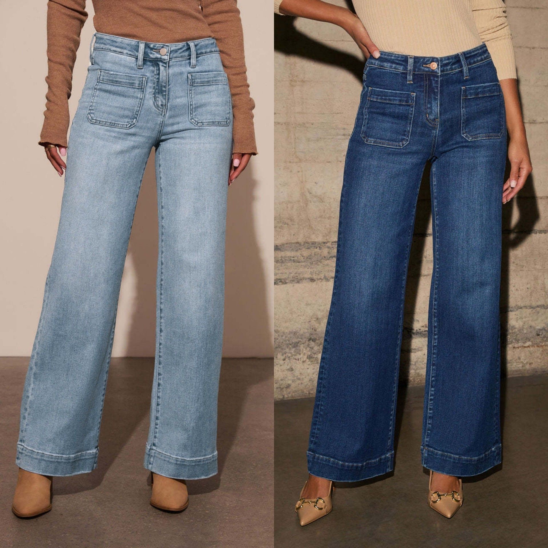 欧美跨境高腰牛仔裤女装春季新款显瘦阔腿复古气质款直筒裤