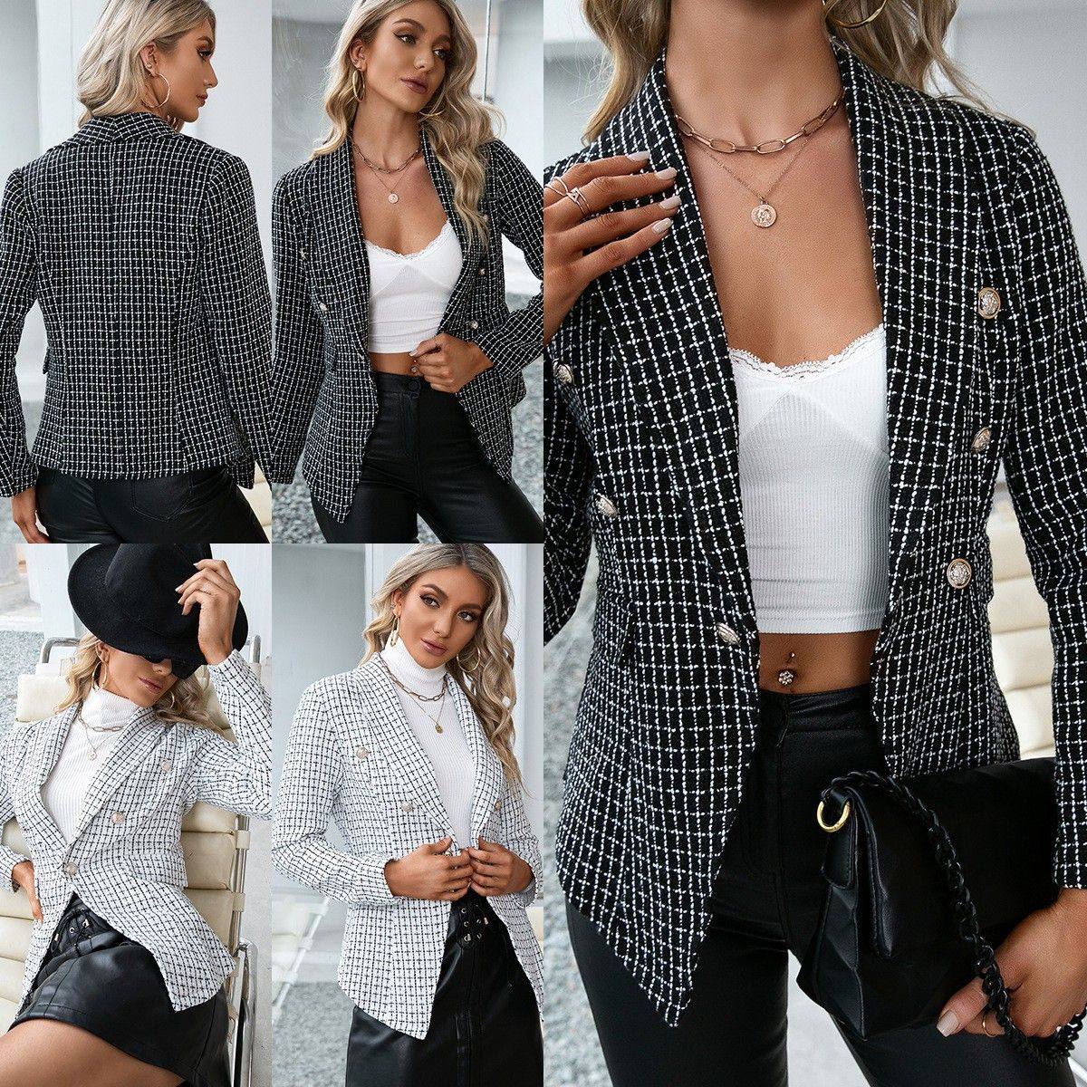 外贸亚马逊欧洲站格纹修身西服双排扣气质通勤外套上衣 女,个性定制/设计服务/DIY,连衣裙加工定制,淘宝优惠券,粉丝福利购,淘宝优惠卷