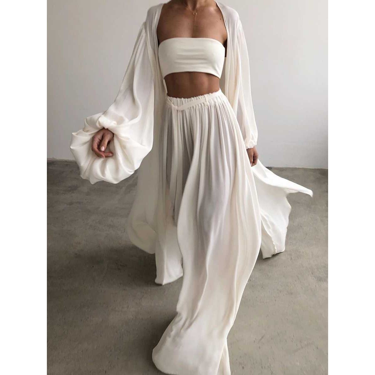 性感开衫抹胸阔腿拖地裤三件套 Cardigan Strapless Pants Set