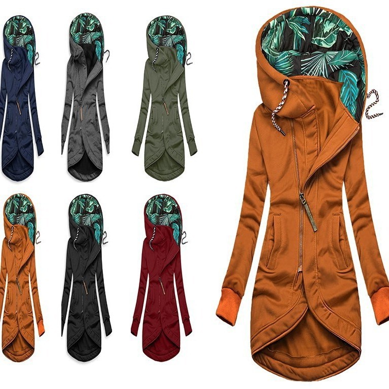 速卖通亚马逊跨境女装卫衣拉链纯色印花连帽长袖外套