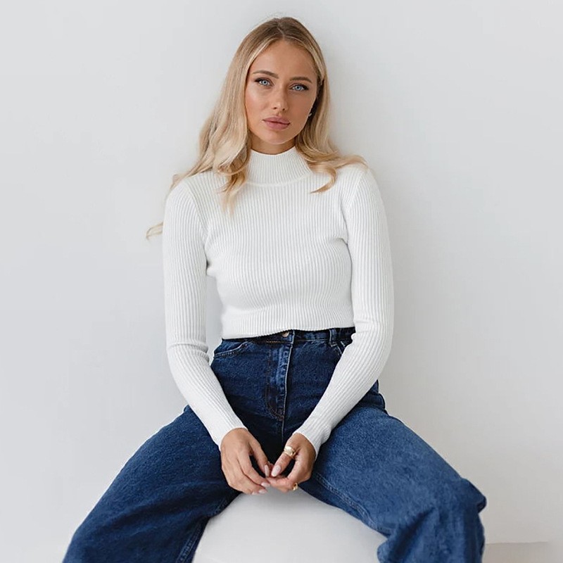 跨境纯色半高领毛衣欧美秋冬女（色现货）修身针织打底衫