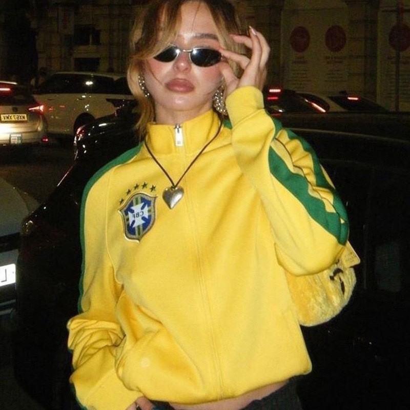 风女装秋冬拉链开衫撞色上衣个性刺绣图案宽松半高领卫衣