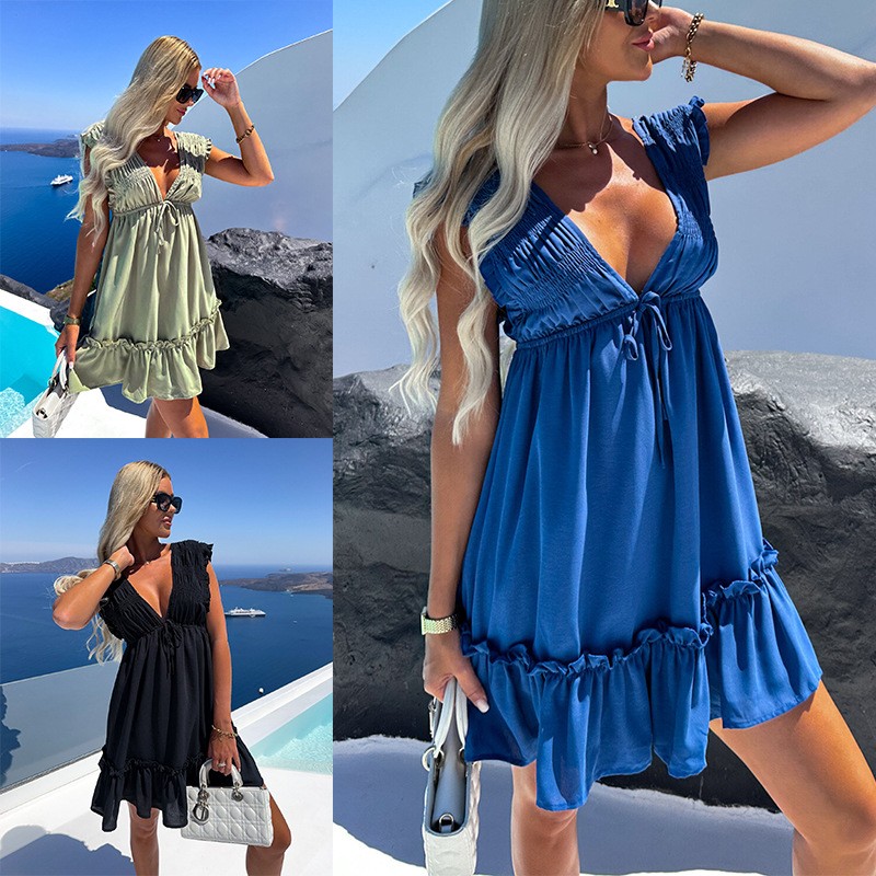 跨境外贸夏季女士纯色时尚休闲收腰系带缩褶荷叶边袖连衣裙