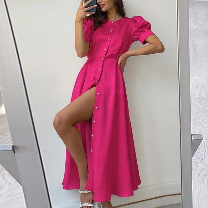 跨境亚马逊新款欧美女装气质通勤高腰纯色时尚开叉欧美连衣裙,个性定制/设计服务/DIY,连衣裙加工定制,淘宝优惠券,粉丝福利购,淘宝优惠卷