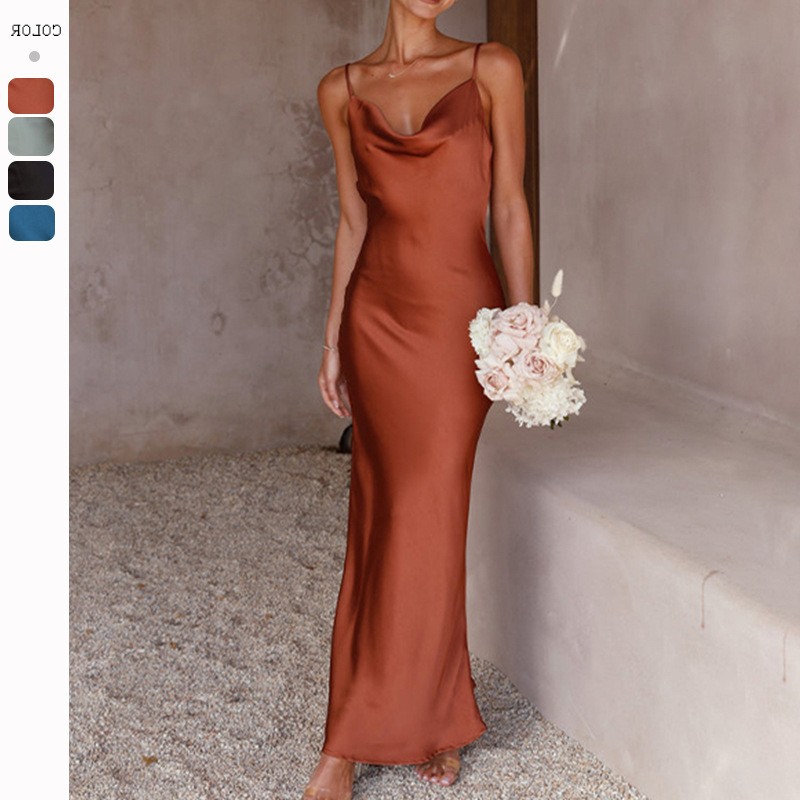 跨境外贸女装欧美春夏新款吊带深领修身都市时尚纯色连衣裙