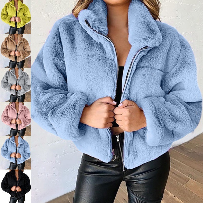 跨境亚马逊爆款欧美女装秋冬兔毛仿皮草拉链开衫毛绒保暖外套