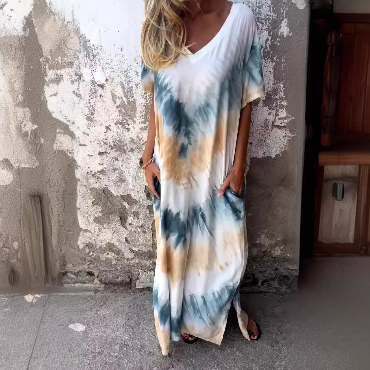 跨境夏季新款欧美女装休闲宽松短袖领开叉渐变扎染长连衣裙