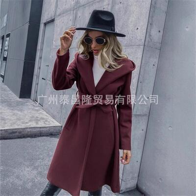 2020亚马逊秋冬简约时尚无扣系带修身连帽中长款呢子大衣休闲外套