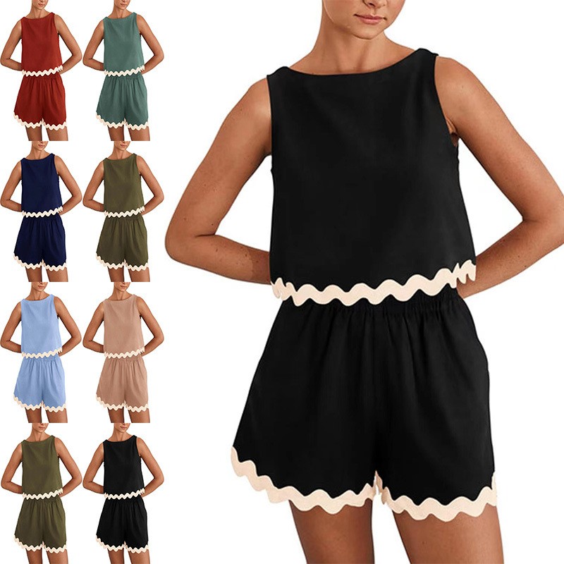 夏亚马逊爆款女式件套度假套装休闲短款背心高腰短裤套装女