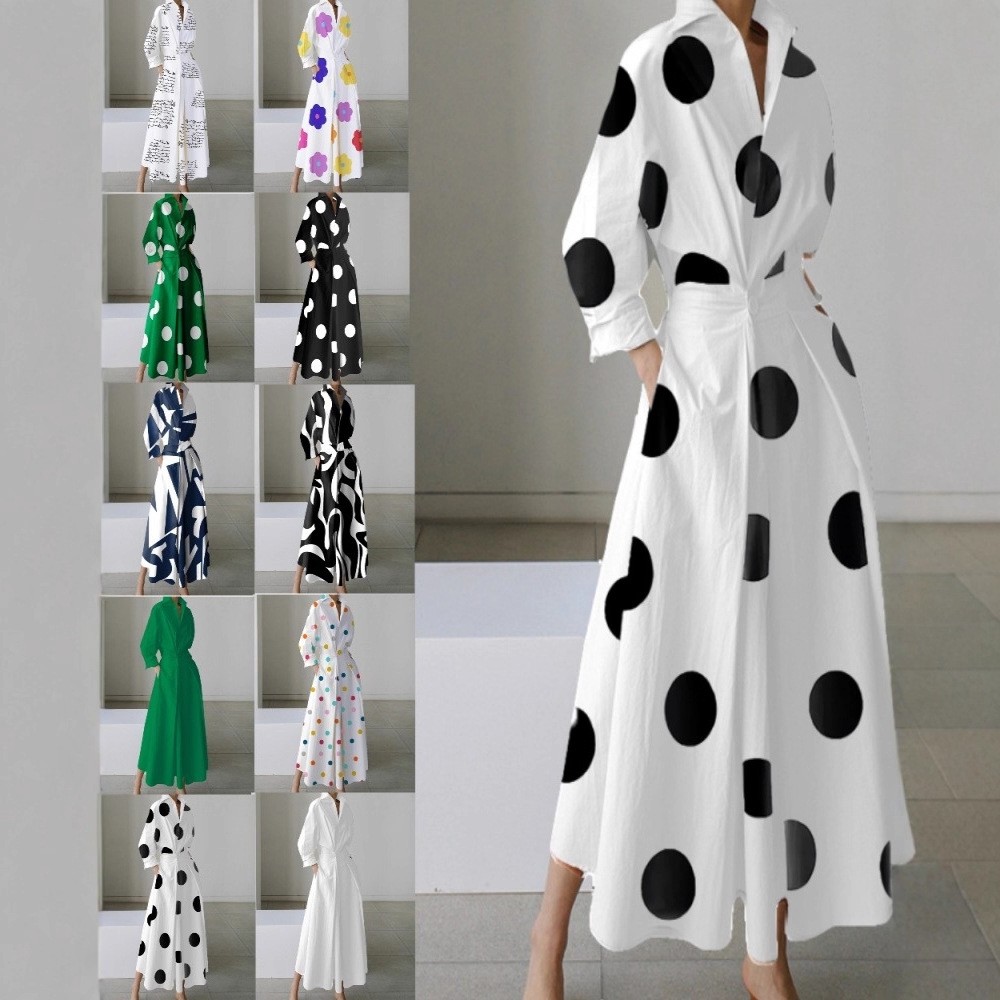 速卖通爆款 秋季新款时尚长袖领印花连衣裙女装