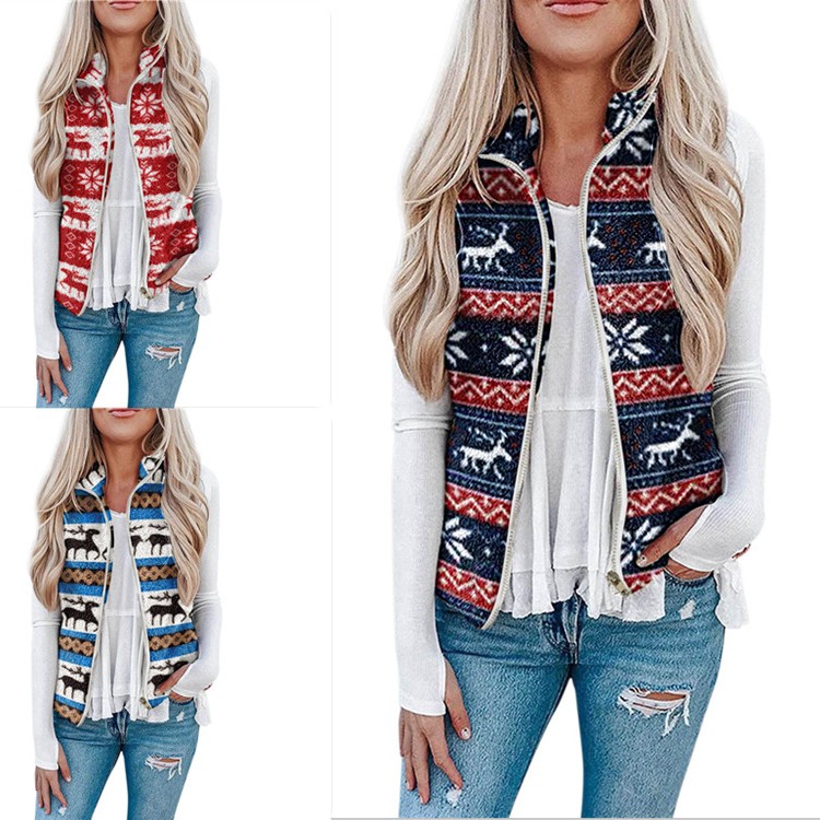 女装欧美亚马逊口袋拉链女圣诞上衣毛绒印花马甲背心外套