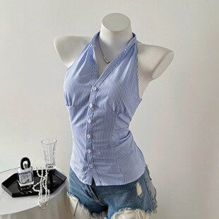 法式掐腰削肩条纹无袖衬衫女夏季修身设计感小众短款挂脖雪纺上衣
