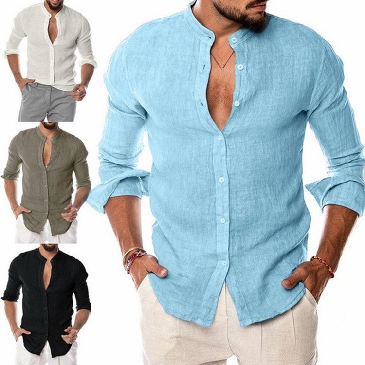 速卖通 秋冬领亚麻新款开衫立领长袖男衬衫