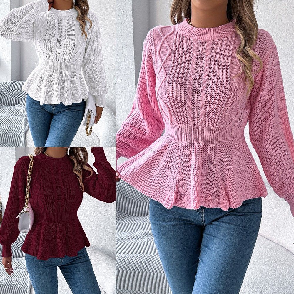 实拍秋冬欧美纯色麻花收腰荷叶边长袖套头毛衣 独立站跨境女装