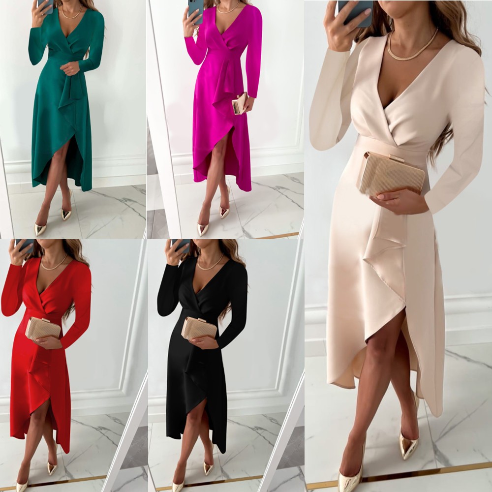 独立站亚马逊爆款 秋冬长袖领缩褶下摆开叉连衣裙女装