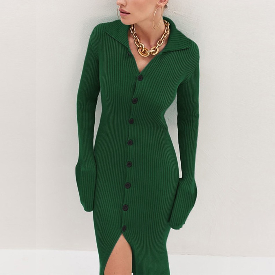 欧美跨境外贸新款长袖翻领开衫长款纽扣喇叭袖坑条毛衣长裙连衣裙