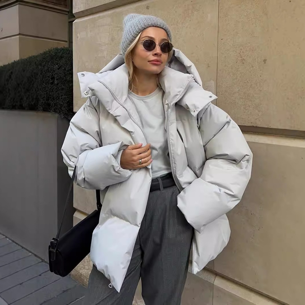 跨境棉服外套女年冬季欧美新款棉袄宽松棉服夹克纯色连帽棉衣