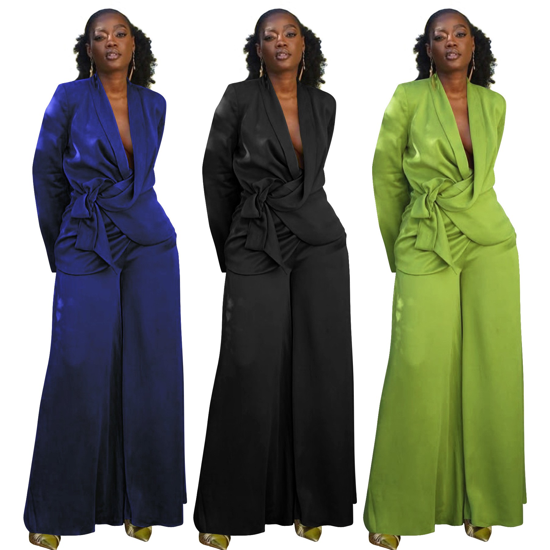 欧美外贸女装亚马逊秋冬纯色西装领系带上衣开衫阔腿裤套装