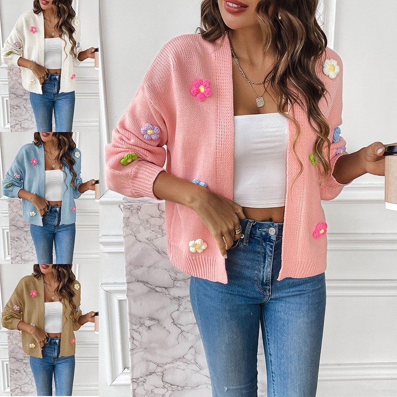 外贸跨境新款手钩花朵甜美针织开衫毛衣外套女慵懒风休闲宽松毛衣