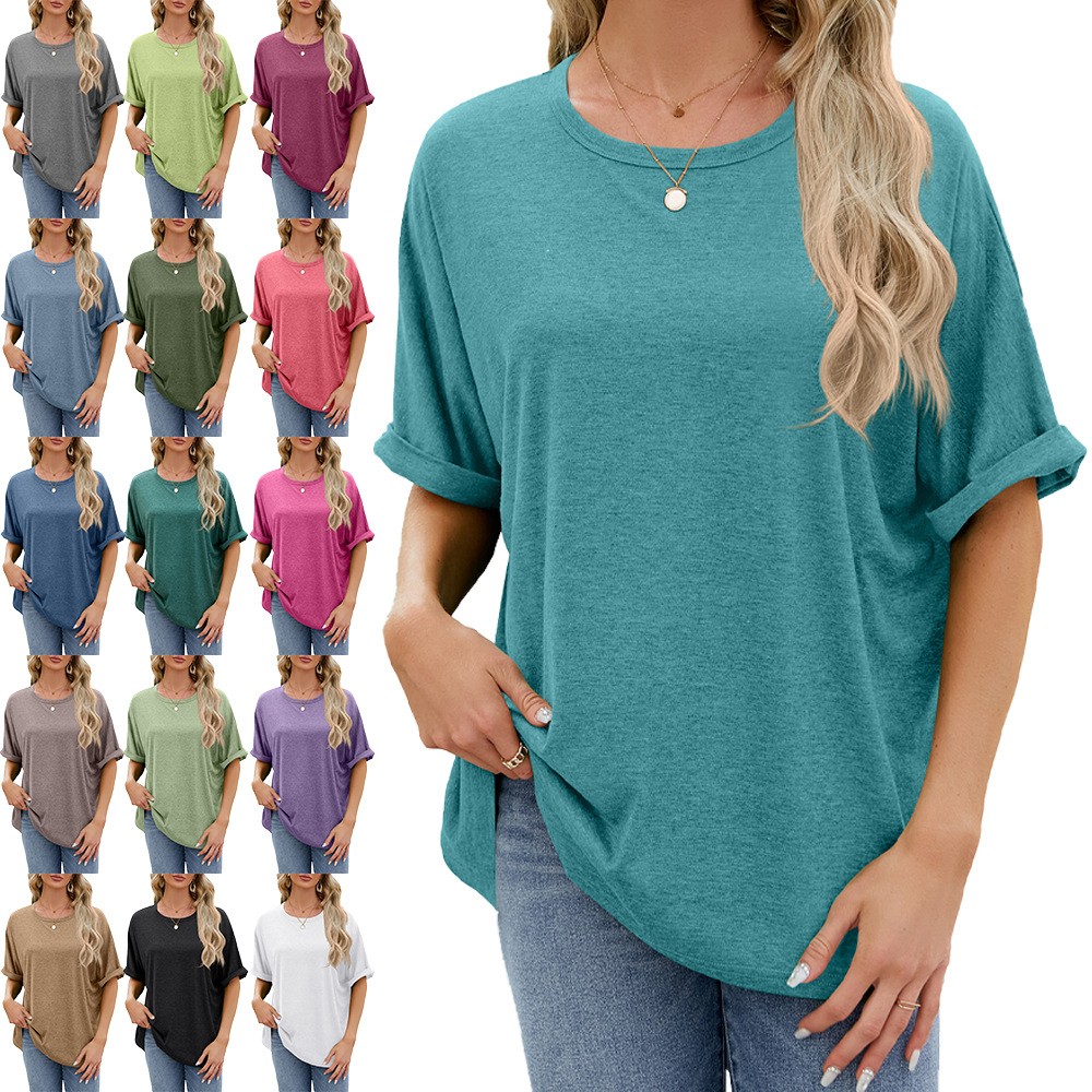 亚马逊欧美跨境外贸春夏新款纯色圆领宽松短袖恤上衣女现货