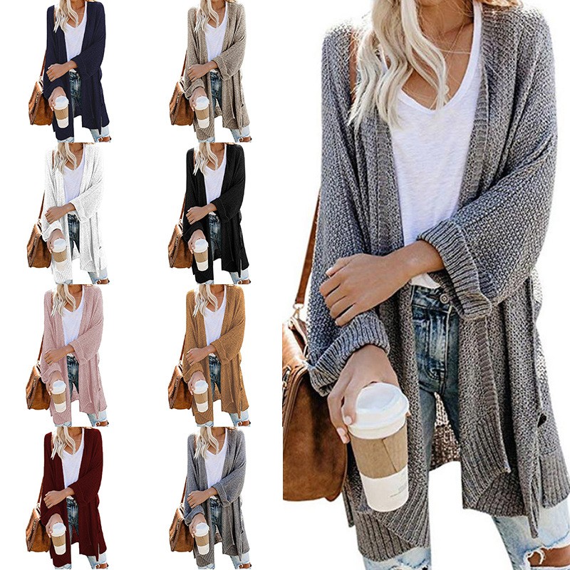 秋冬新款欧美外贸女式针织衫亚马逊长款开叉卷袖开衫毛衣女装