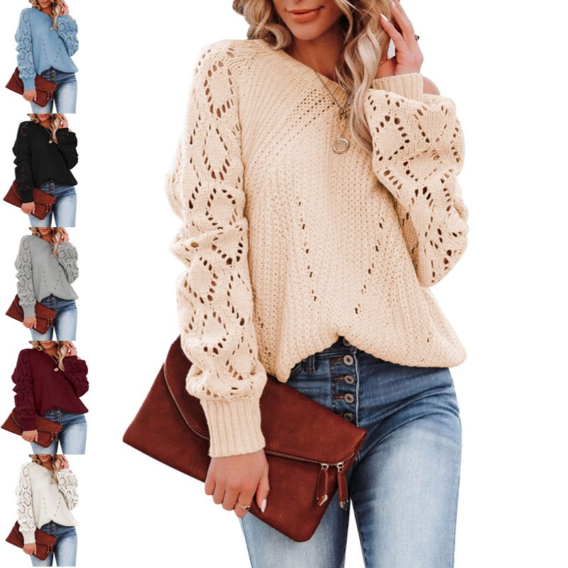 亚马逊跨境秋冬季新款纯色镂空设计菱形格圆领套头上衣针织衫