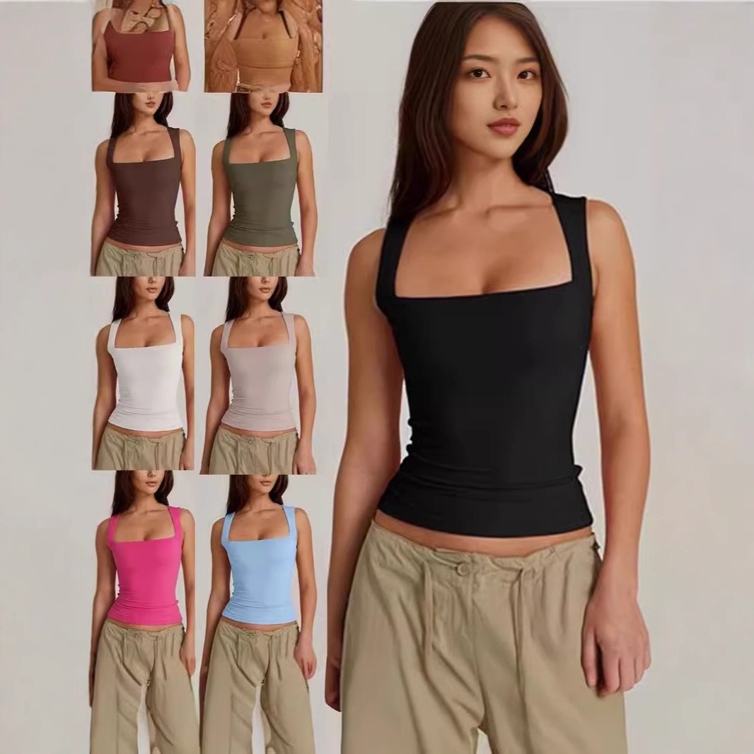 欧美亚马逊街头辣妹风时尚方领基础修身无袖背心女打底衫女装