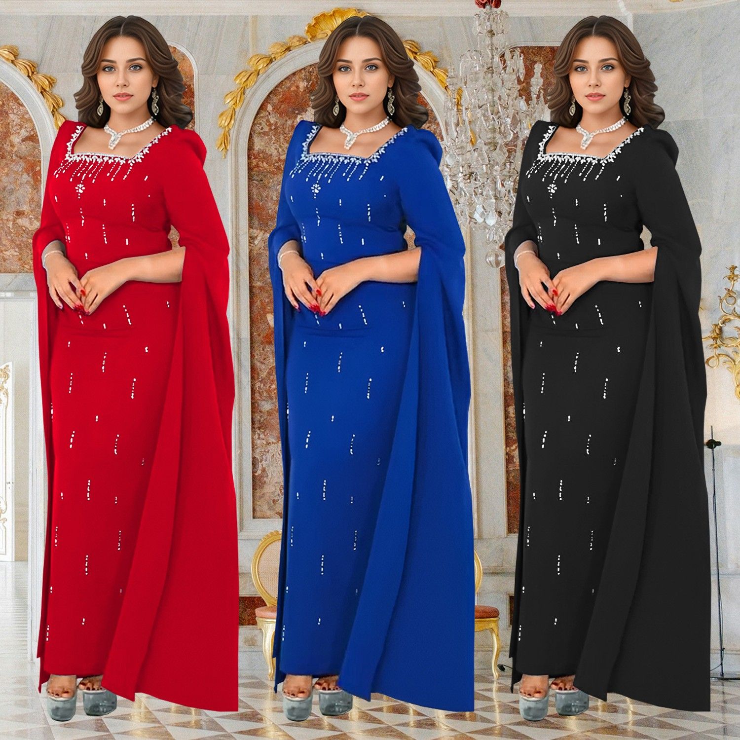 跨境速卖通亚马逊欧美时尚女装后开叉斗篷袖烫钻优雅连衣裙