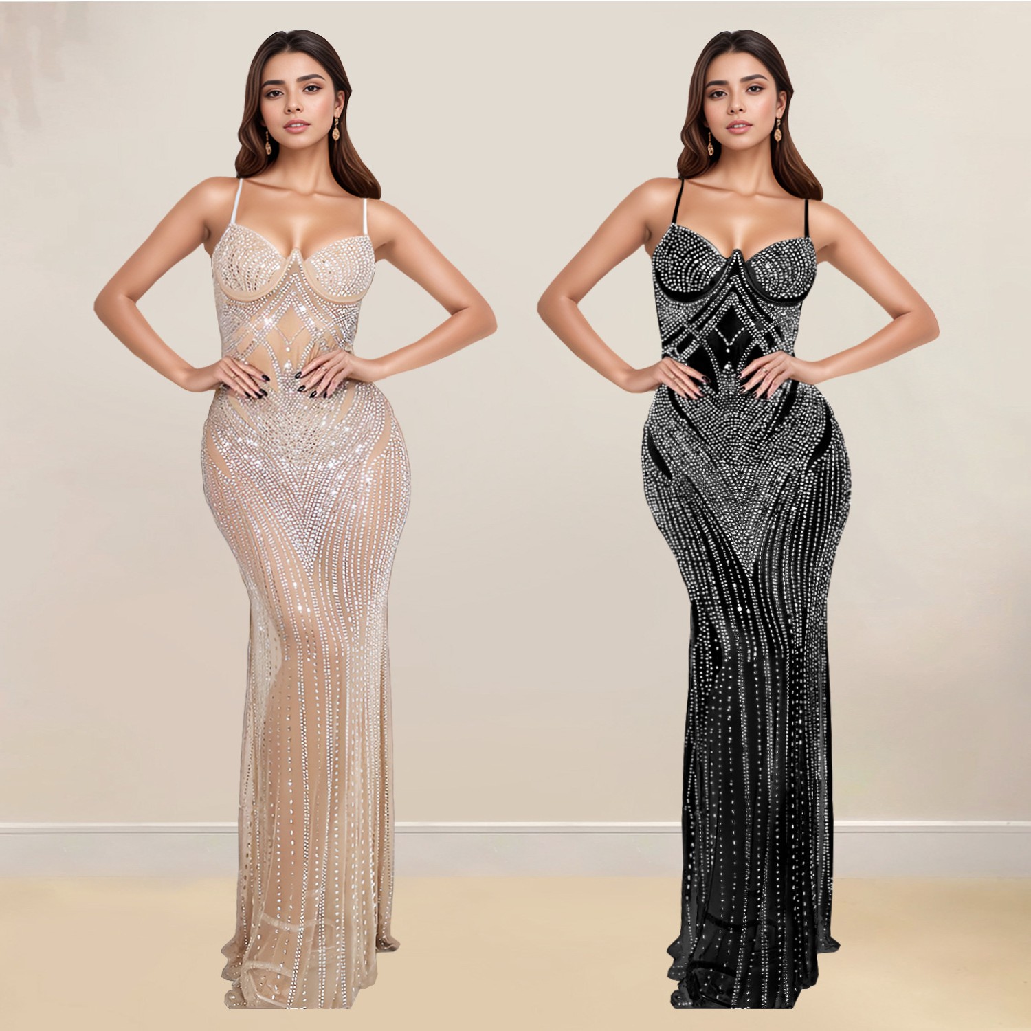 跨境速卖通亚马逊欧美时尚女装无袖包臀烫钻吊带修身连衣裙