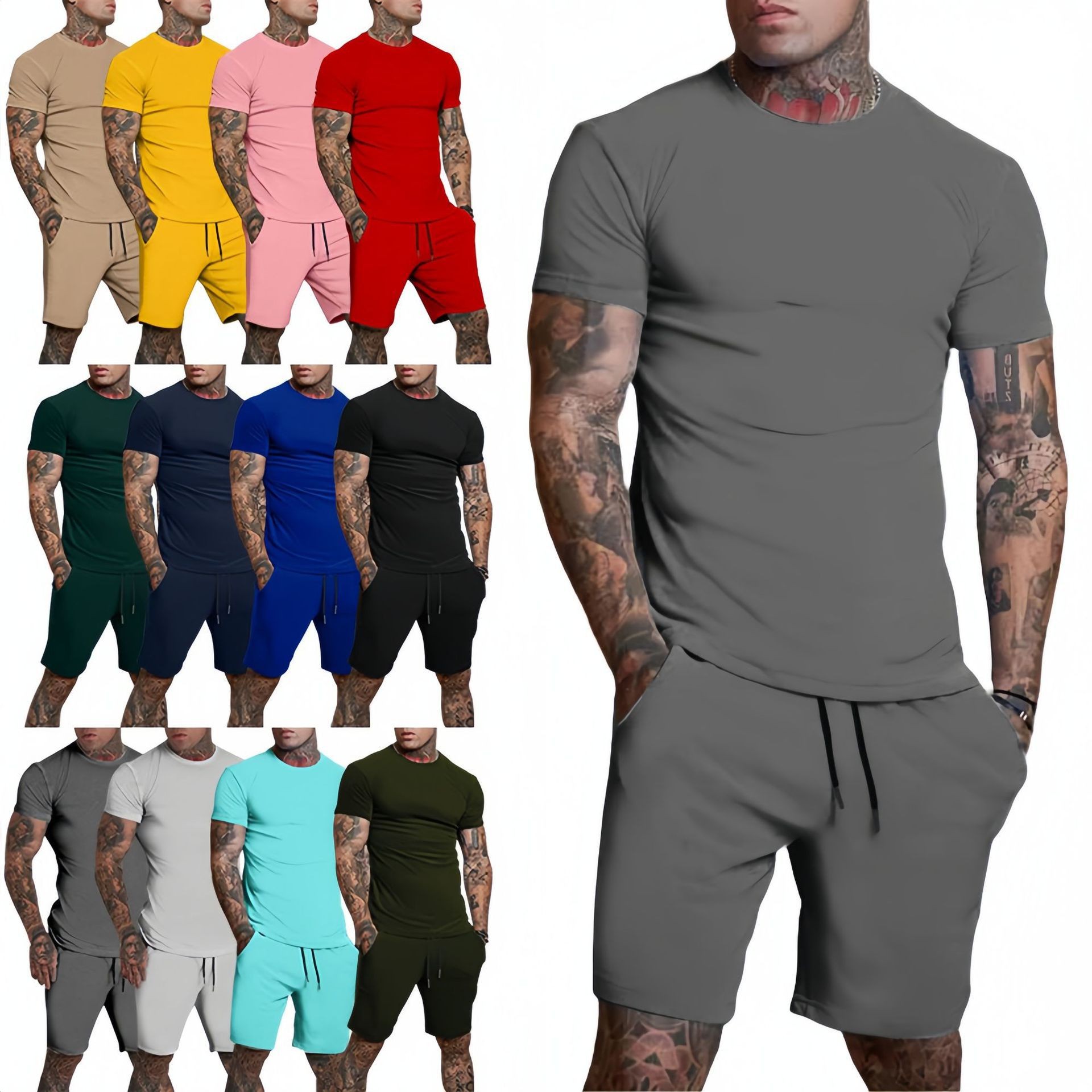 跨境欧美夏季男士短袖套装件套透气运动套装纯色恤+五分短裤