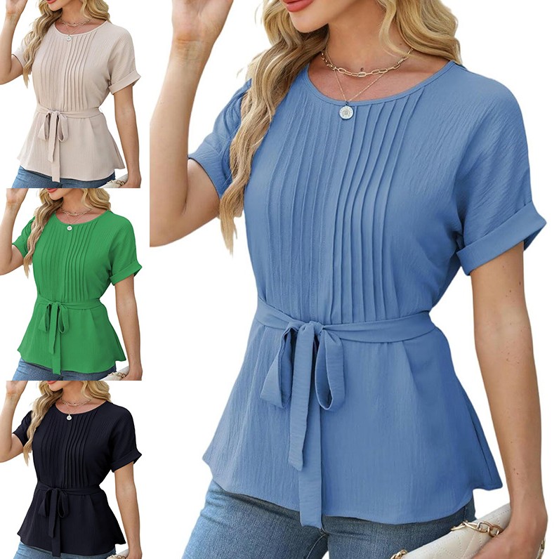 欧美跨境春夏亚马逊新休闲衬衫荷叶边褶皱圆领短袖上衣时尚女