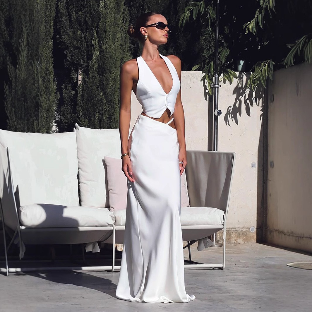 跨境纯色长款半身裙欧美春夏新款舒适柔软气质修身半身长裙女