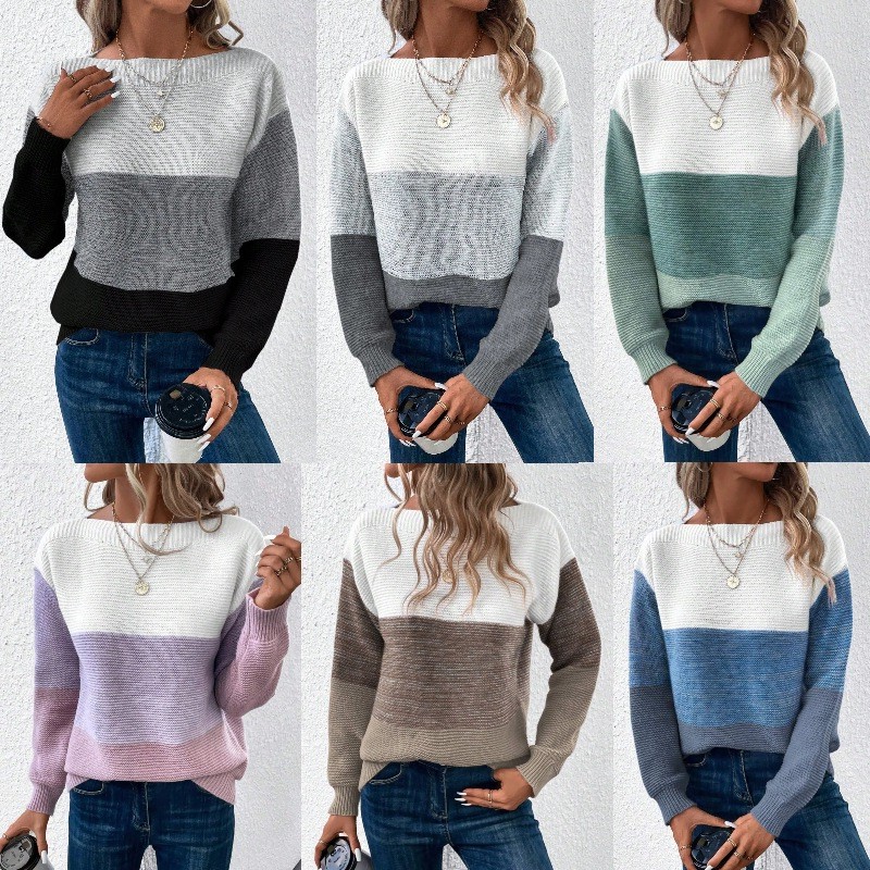 现货毛衣拼色亚马逊热销跨境女装爆款针织衫秋冬款宽松加厚上衣