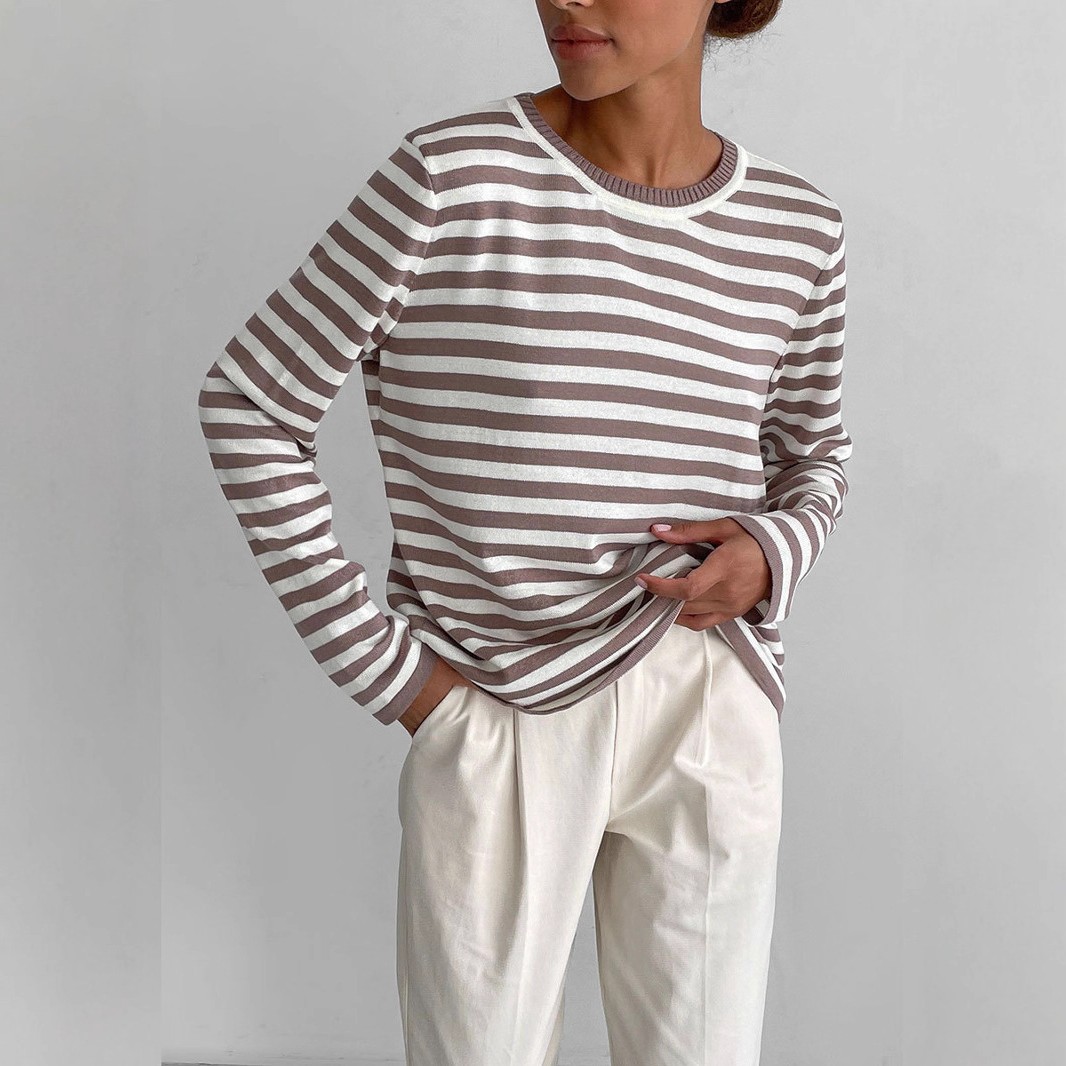 跨境圆领针织条纹毛衣欧美春季百搭经典复古条纹套头毛衣女