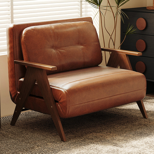 神憩折叠沙发床单人两用小户型家用卧室客厅阳台复古油蜡皮沙发床