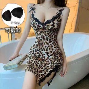 豹纹吊带不规则紧身短裙足浴工作服spa技师夜场性感显瘦连衣裙夏