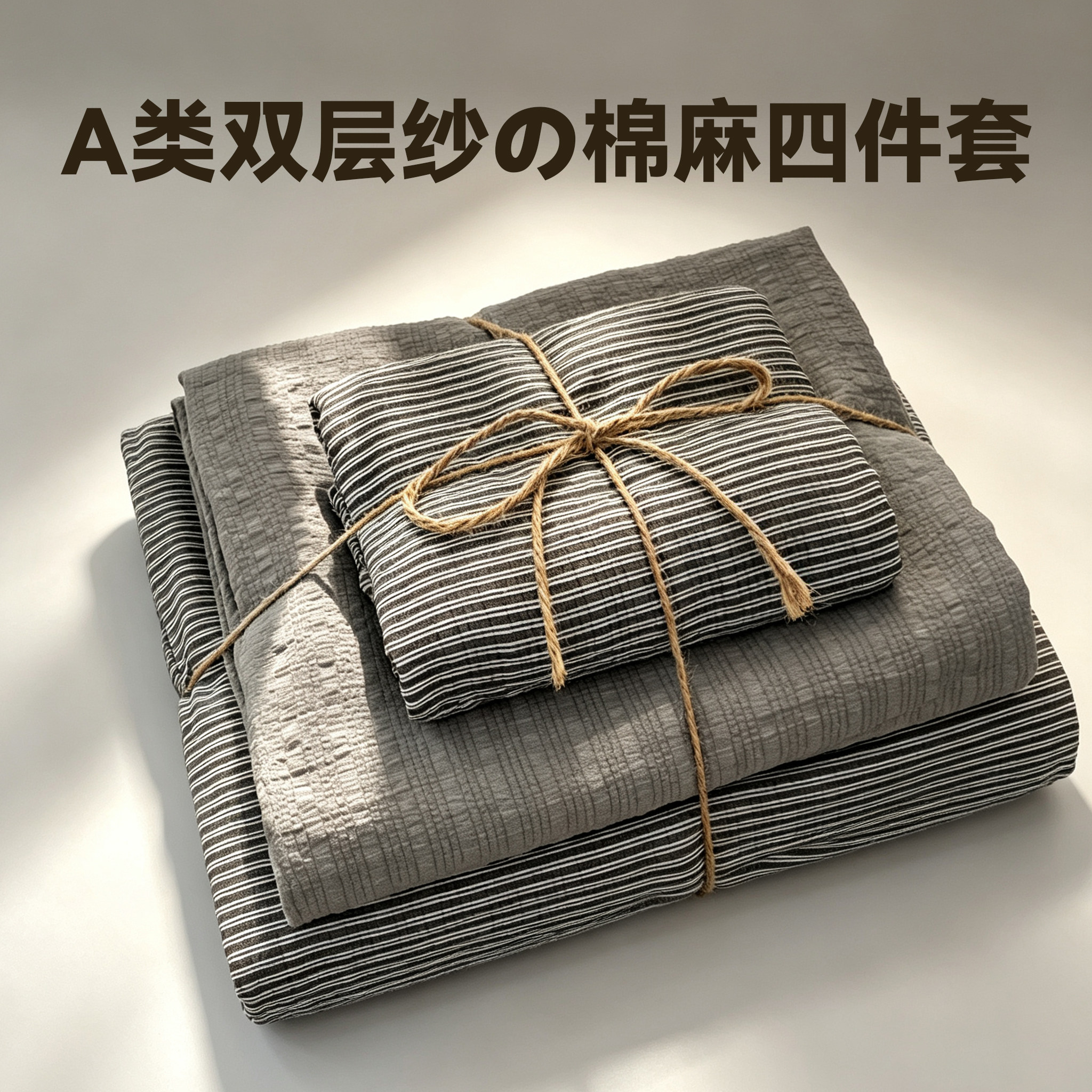 侘寂风の双层纱灰色四件套水洗棉麻床单被套床笠款学生宿舍三件套