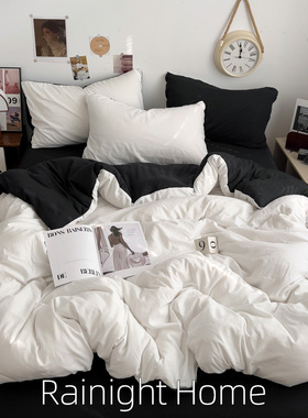ins极简黑白混搭全棉四件套纯水洗棉床上用品被套床单宿舍三件套