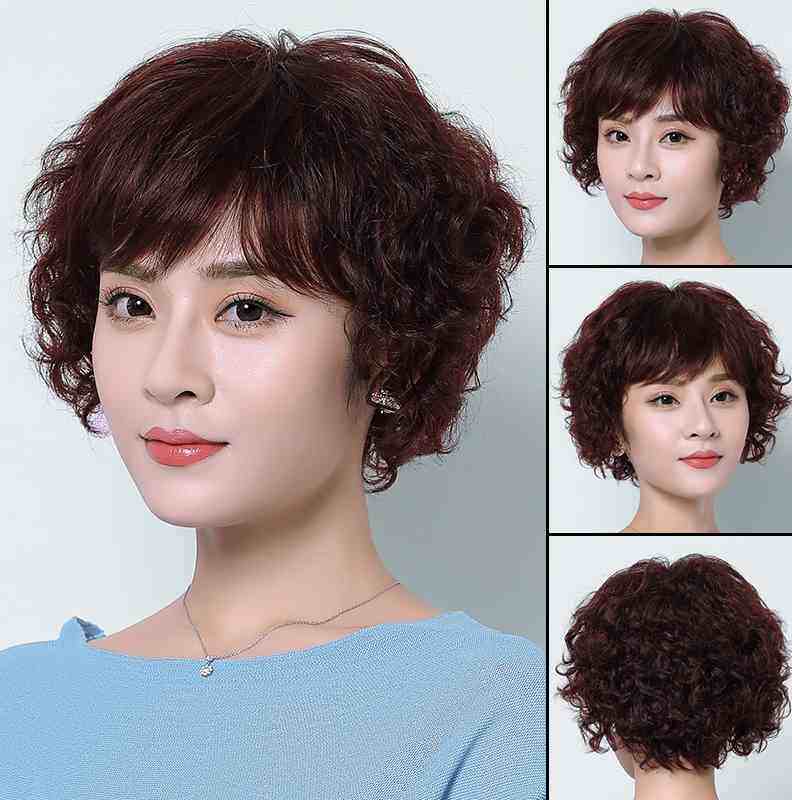 假发女短发真发套夏季全真自然真人发丝中老年人妈妈短卷发羊毛卷