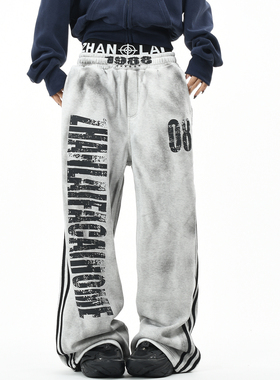 OV原创美式双腰头做旧脏染加绒休闲裤女冬季宽松阔腿跳舞长裤男潮