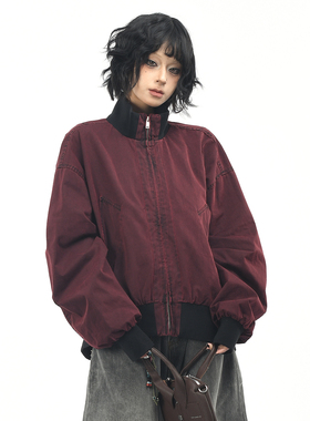 OV原创美式复古做旧水洗棒球服外套男女秋季宽松休闲立领工装夹克