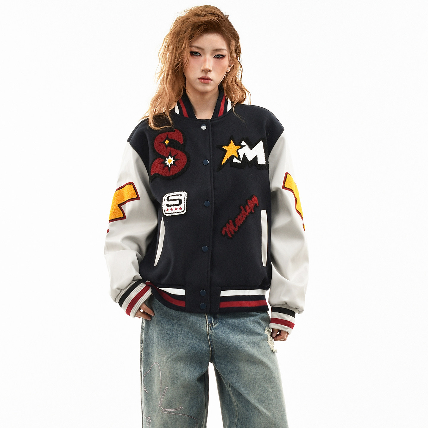 OV原创美式字母毛巾刺绣棒球服外套女春季宽松撞色拼接立领夹克男