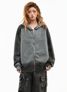 OV原创美式铆钉设计扎染水洗连帽卫衣女春季bf宽松拉链开衫外套男