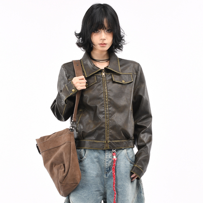 原创美式复古PU皮衣外套短款夹克