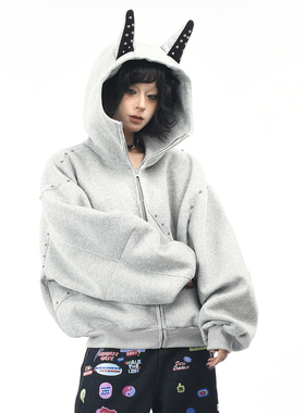 OV原创美式犬耳朵设计连帽卫衣男女秋季宽松铆钉拼接情侣开衫外套