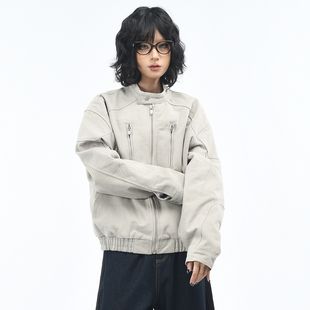 潮牌boxy短宽休闲立领外套 夹克女秋季 OV原创美式 水洗立体剪裁工装