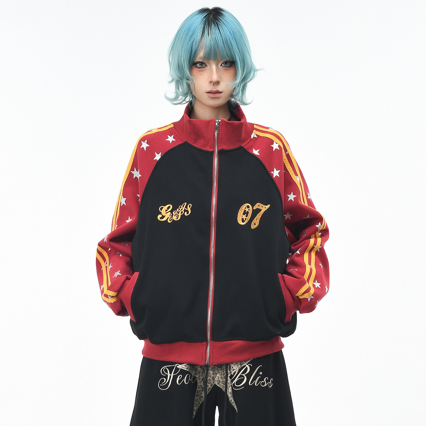 OV原创复古五角星印花插肩袖开衫卫衣男女秋季宽松撞色拉链外套潮
